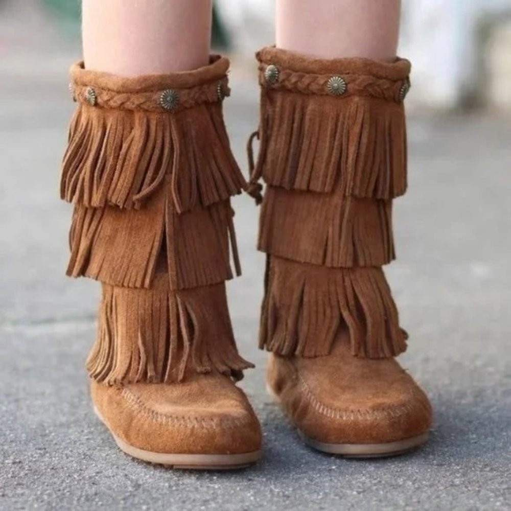 Minnetonka Youth 3 Brown Boots Leather‎ 3 Layer Fringe Southwestern Cosplay